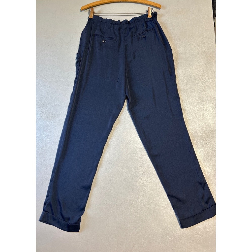 BCBGMAXAZRIA Navy Blue Satin Jogger Trousers Elastic Waist Cuffed Pants Medium